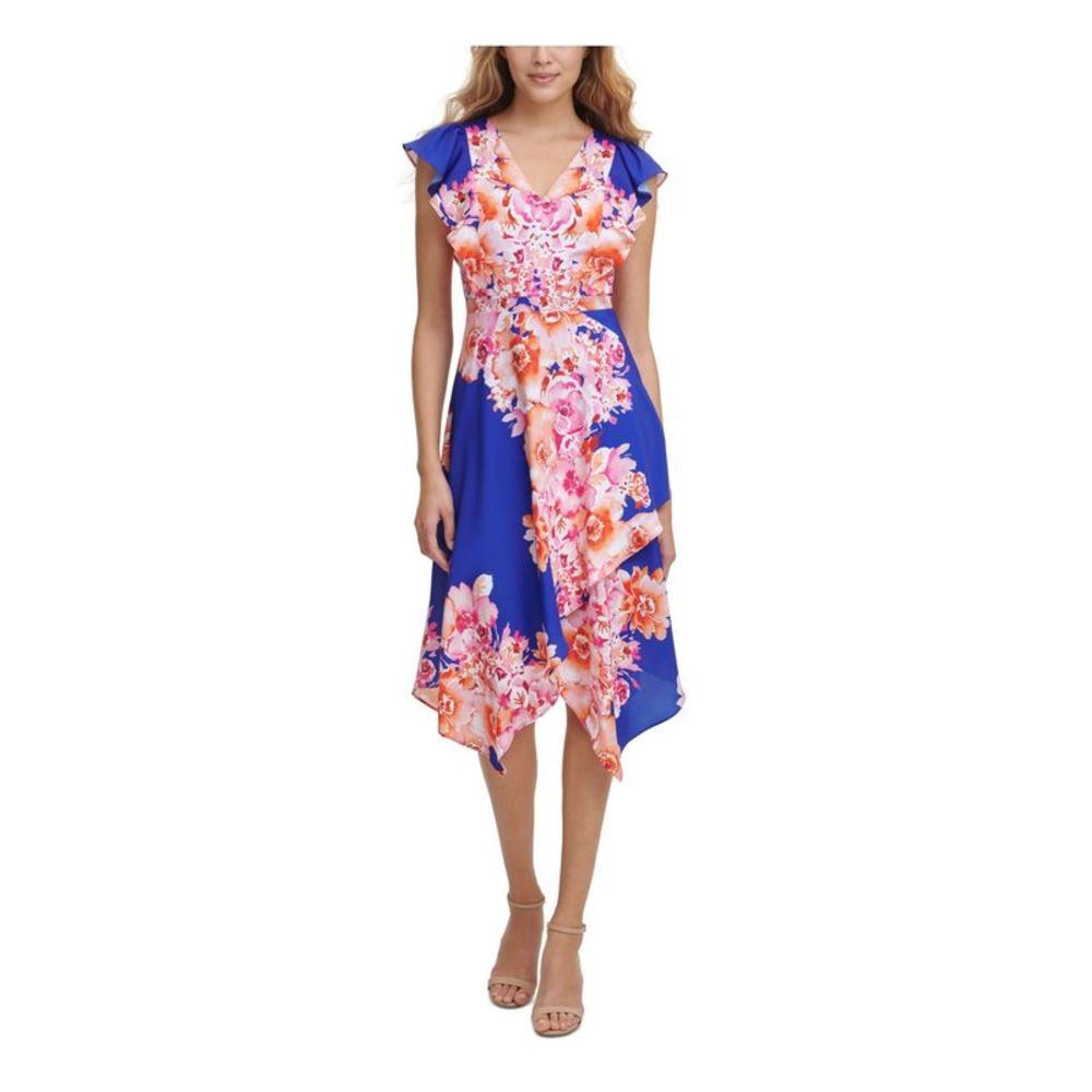 KENSIE DRESSES Womens Blue Asymmetrical-hem Flutter Sleeve Midi Dress 2